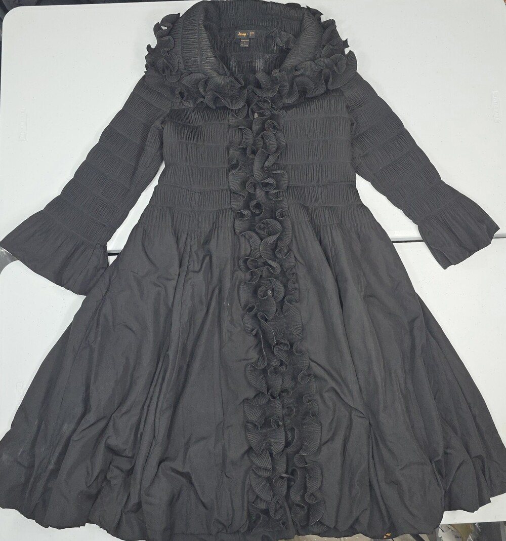 Jenny T Women XL Black Polyester Bubble Hem Coat with Ruffle Collar Goth Punk